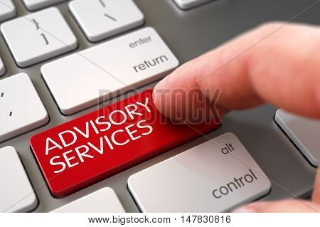 Advisory Services Concept - Laptop Keyboard with Red Button. 3D Render.