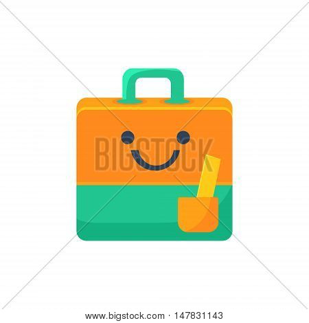 Handbag With Pocket Primitive Icon With Smiley Face. Office Or School Desk Supply Sticker In Simplified Childish Cartoon Vector Design Isolated On White Background
