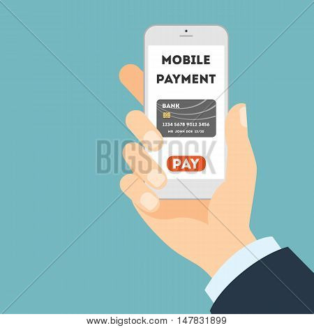 Mobile banking concept. Easy transaction with mobile banking. Credit card in smartphone. Payment through internet. Hand holding gadget.