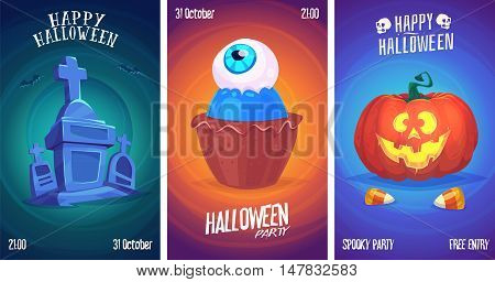 Halloween illustration cemetery with candles, pumpkin face and sweets . Vector set of happy halloween vintage badges, logos emblems and labels. Vector stock illustration.