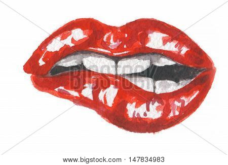 Isolated watercolor lips. Sexy and glamour biting red lips. Make up and fashion. Breath.
