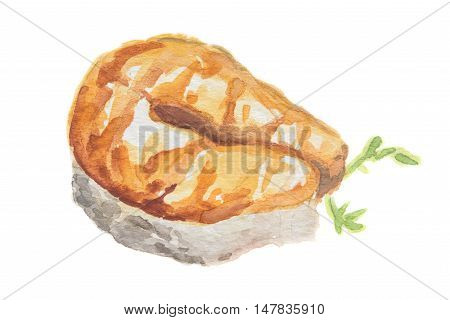 Watercolor salmon steak on white background. Healthy seafood with vitamons. Restaurant meal with parsley.