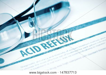 Acid Reflux - Printed Diagnosis on Blue Background and Pair of Spectacles Lying on It. Medicine Concept. Blurred Image. 3D Rendering.