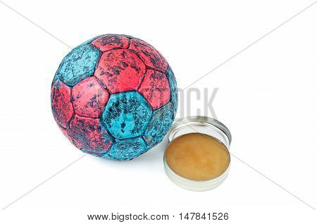 Handball resin and ball isolated on white