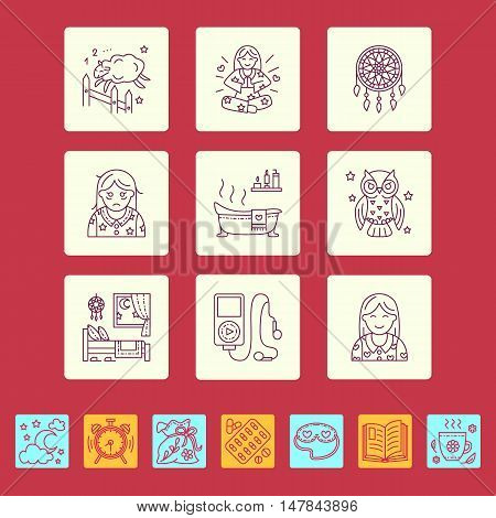 Modern vector line icon of insomnia problem and healthy sleep. Elements - clock pillow pills dream catcher counting sheep. Linear pictogram with editable stroke for sites brochures about insomnia