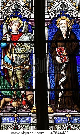 Saint Wandrille Rancon France - june 22 2016 : the stained glass window of Saint Michel church