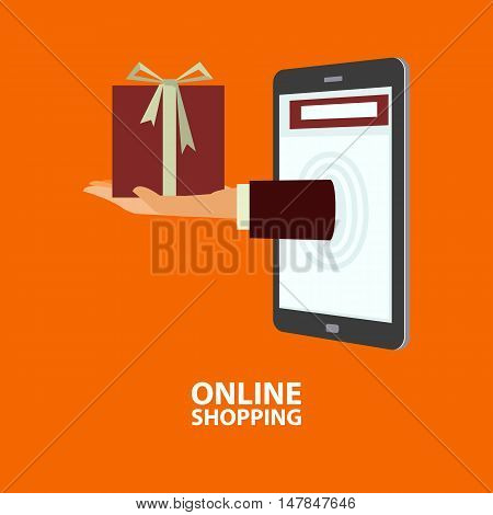 Hand delivers gift box out from mobile phone. E-commerce internet shopping. Buying concept in flat style. Vector illustration easy to edit