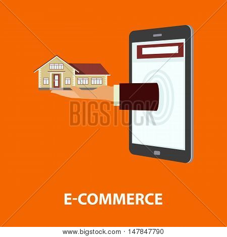 Hand delivers house out from monitor mobile phone or tablet. E-commerce online shopping internet buying purchase and rental property concept. Vector illustration in flat style easy to edit