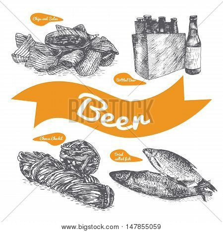 Draft beer and snack products illustration. Vector colorful illustration of beer and snack product