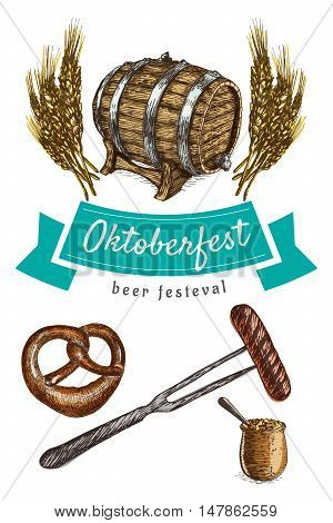 Oktoberfest set illustration. Vector colorful illustration of beer and snack products.