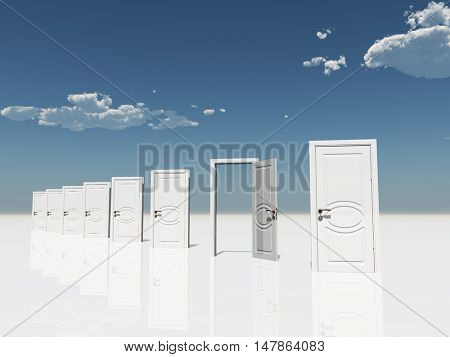 Sigle open door amongst several  in surreal landscape 3D Render
