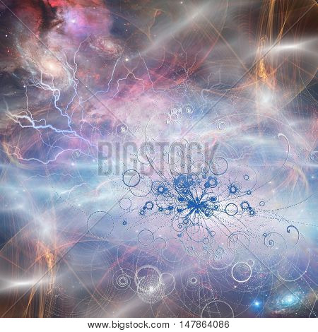 Burst of particles and cosmos 3D Render  Some elements provided courtesy of NASA
