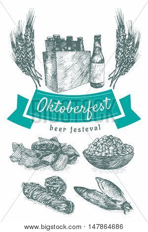 Oktoberfest set illustration. Vector illustration of beer and snack products.