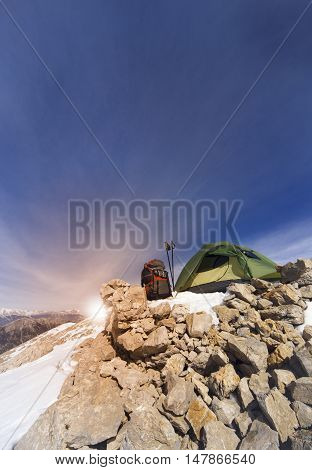 Camping on the top of the mountain in winter.