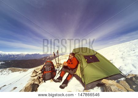 Camping on the top of the mountain in winter.