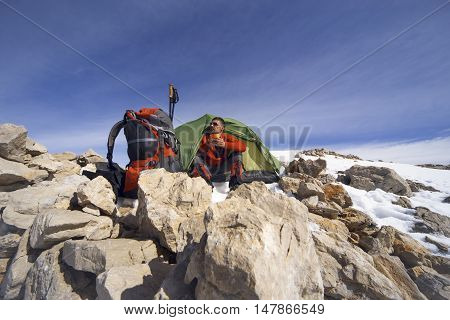Camping on the top of the mountain in winter.