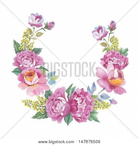 Wildflower rose flower wreath in a watercolor style isolated. Full name of the herb: rose, Hesperrhodos, Rosa. Aquarelle flower could be used for background, texture, pattern, frame or border.