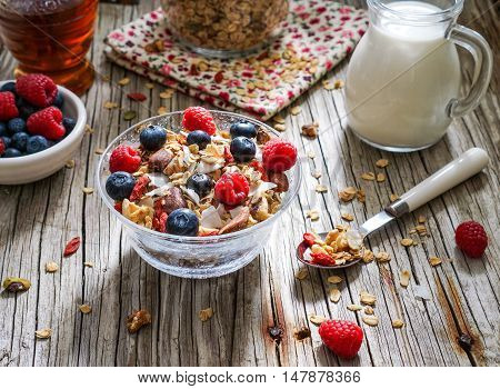 Healthy Coconut Granola with Nuts, Honey, Gogi Berry and Berries. Healthy breakfast. Selective focus.