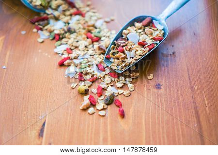 Healthy Coconut Granola in a Scoop with Nuts, Gogi Berry. Healthy breakfast. Selective focus. Close-up.