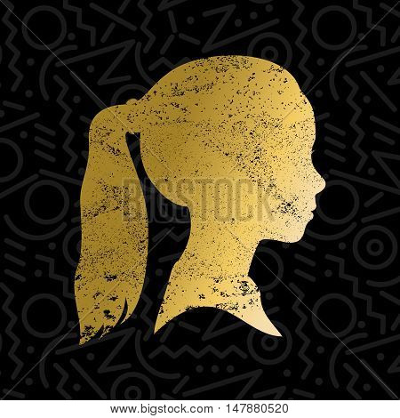Girl face profile silhouette with ponytail hair in grunge gold color texture kid head illustration. EPS10 vector.