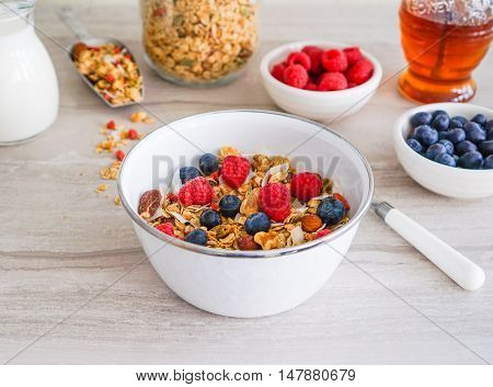 Healthy Coconut Granola with Nuts, Gogi Berry and Berries. Healthy breakfast. Selective focus.