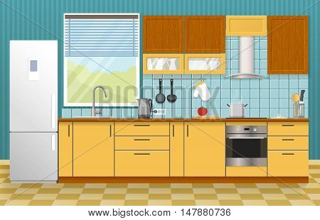 Kitchen interior concept with window yellow cupboards and cabinets blue textural wall and tiled floor vector illustration