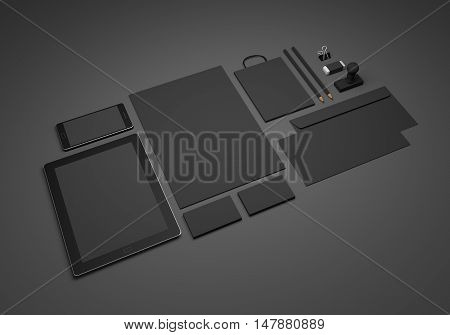 Black branding mock-up. Set of brand stationery mockups with envelope business cards digital mobile devices shopping bag and stamp.