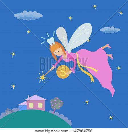 Tooth fairy with a magic wand wector illustration isolated on white background