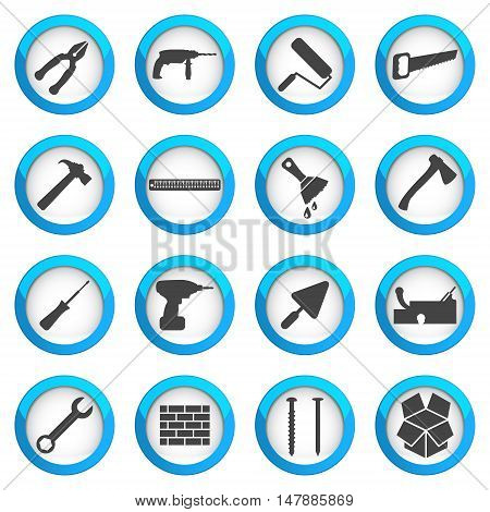 Home repair and renovation icon set building and construction concept 16 vector signs on dark round buttons eps 10