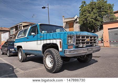GAMBETTOLA FC ITALY - SEPTEMBER 3: vintage american full size SUV Chevrolet K5 Blazer (1979) in classic car rally during the festival 