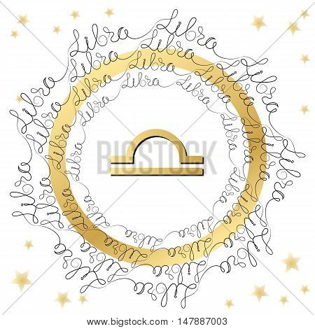 Decorative zodiac sign Libra on white background. Horoscope vintage card  with words and stars.