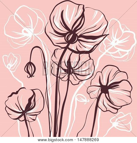 Romantic decorative drawing flowers brown line on a pink background