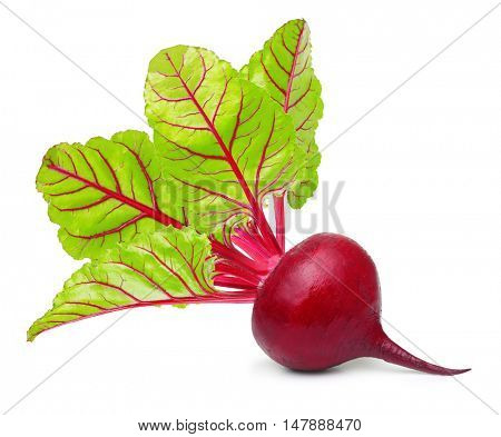 Beetroot with leaves, fresh whole beet isolated on white background