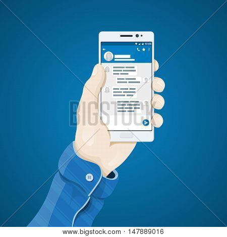 Hand with phone vector illustration in flat style. Man's hand holding a phone concept. The mobile app messenger. Exchange Online Messaging. Dialogue with your phone. Mobile app vector clipart
