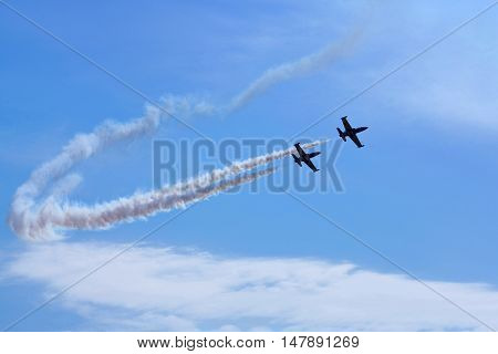 RAMENSKOE, RUSSIA - AUGUST 22, 2009: Aerobatic team in action during an exhibition "MAKS" in Russia.
