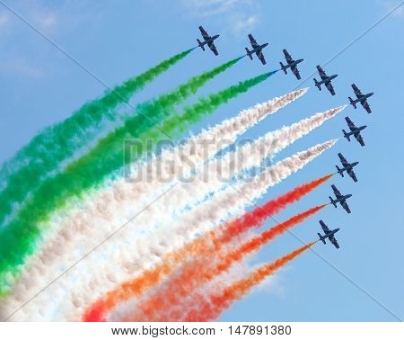 Famous Italian Flying Team Frecce Tricolori In Action During An Airshow