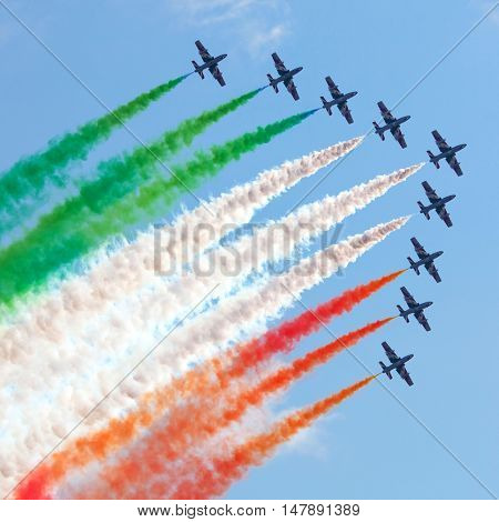 RAMENSKOE, RUSSIA - AUGUST 22, 2009: Aerobatic Italian team Frecce Tricolori in action during an exhibition 