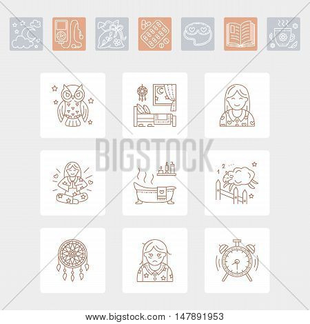 Modern vector line icon of insomnia problem and healthy sleep. Elements - clock pillow pills dream catcher counting sheep. Linear pictogram with editable stroke for sites brochures about insomnia