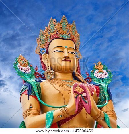 LADAKH, INDIA - JUNE 14, 2012: Statue of Maitreya Buddha near Diskit Monastery.