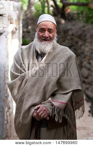 TURTUK, INDIA - JUNE 13: An unidentified Balti man poses for a photo on June 13, 2012 in Turtuk Village, Ladakh, India