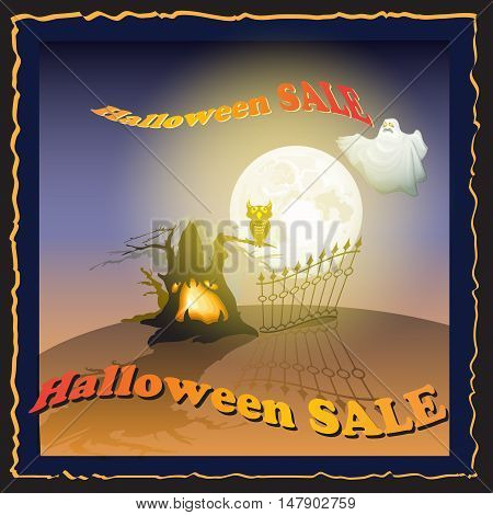 Sale poster. Discount sticker with Moon, ghost, owl, tree and words Halloween Sale. Price tag template.