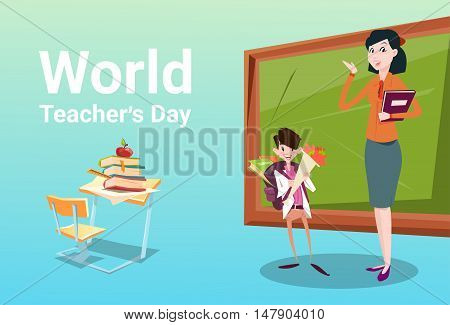 Teacher Day Schoolboy Group Hold Flowers Present Greeting Woman Classroom Flat Vector Illustration