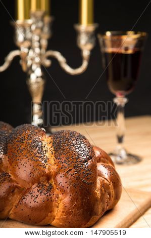 Challah Bread, Candelabrum and Wine For Shabbat