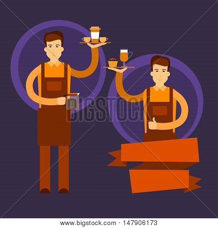 Two Waiter Hold Cup Coffee Barista Work Place Cafe Flat Vector Illustration
