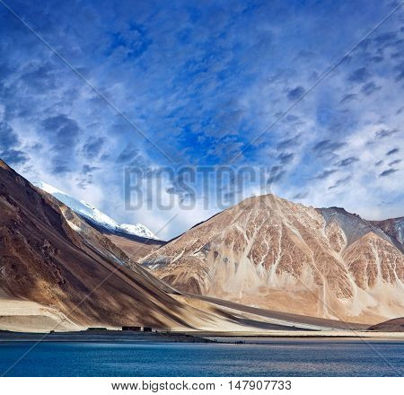 Pangong Lake in Ladakh, Jammu and Kashmir, India. Pangong Tso is an endorheic lake in the Indian Himalayas situated at a height of about 4350 m.