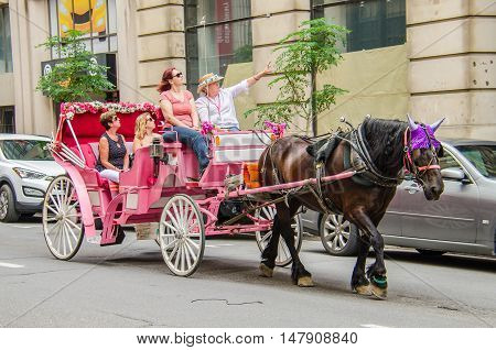 Montreal, Canada - July 26, 2014: Group of people taking tour in pink horse carriage in city.