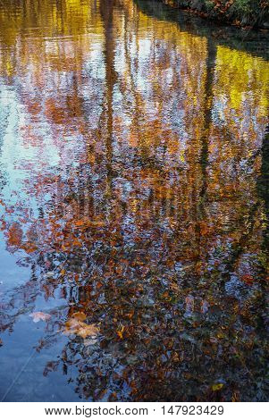 Autumn Landscape With Colorful Leaves, River And Reflections In Water