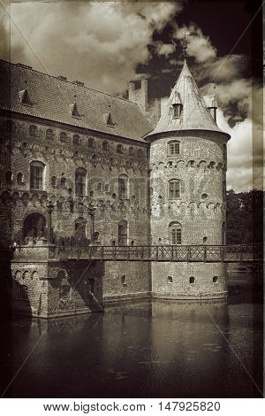 Egeskov Castle, located in the south of the island of Funen, Denmark. Vintage look.