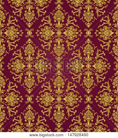 Gold and lilac floral ornament. Template for oriental carpet textile shawl wallpaper. Seamless vector pattern with damask.
