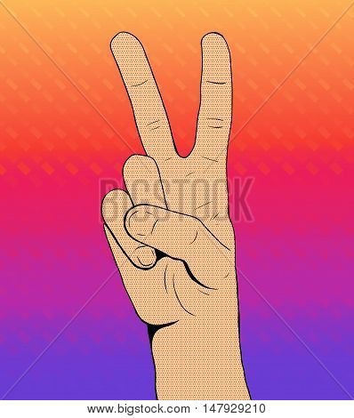 Halftone hand showing V sign on gradient textured background in instagram 2016 design colors. Pop art style.